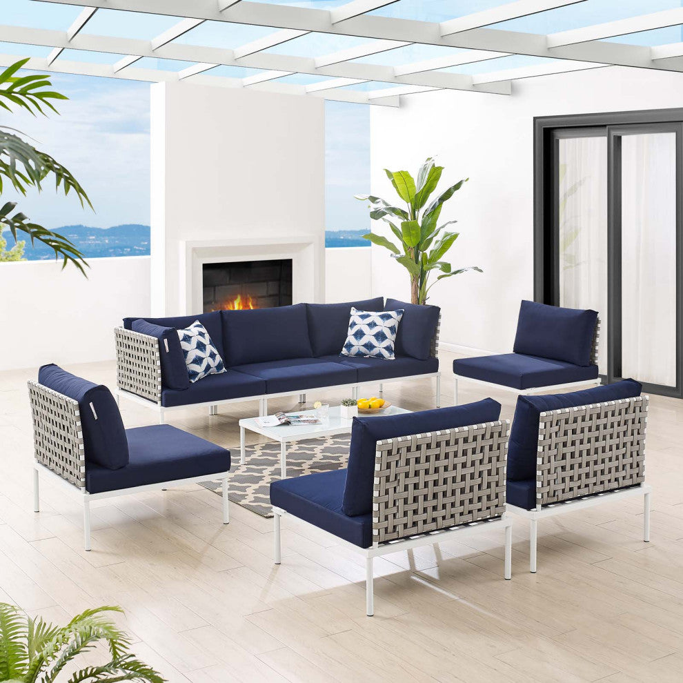 Lounge Sectional Sofa Chair Table Set, Sunbrella, Aluminum, Blue Navy, Outdoor