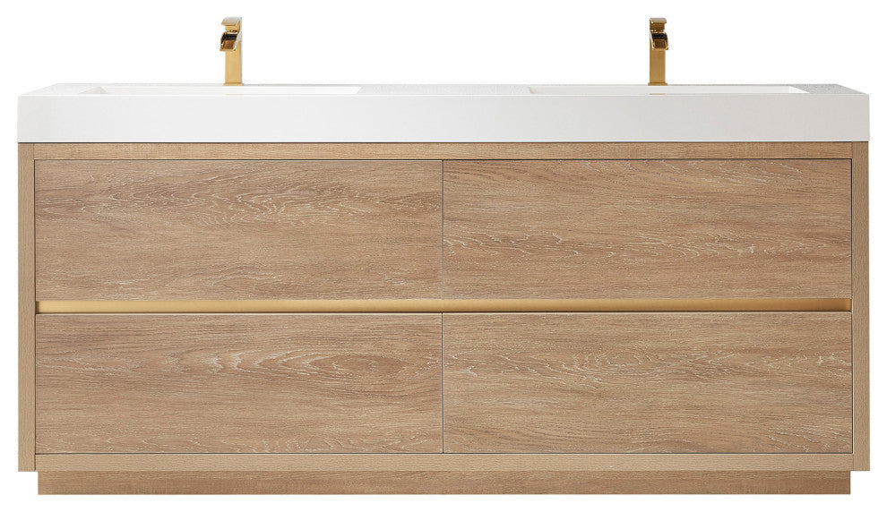 Huesca Bath Vanity, Integrated Sink Top, North American Oak, 72", Without Mirror