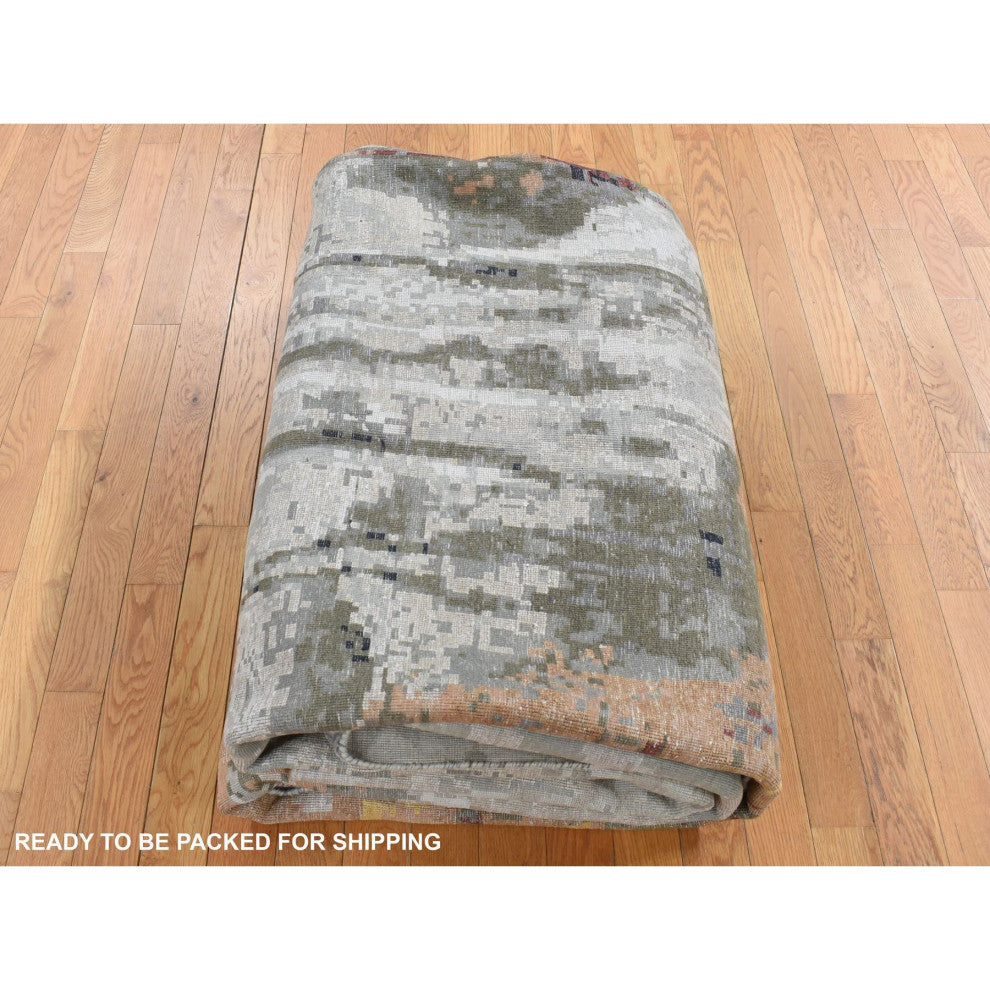 Gray, Abstract Dripping Design, Wool and Silk, Hand Knotted Rug, 8'10"x12'3"