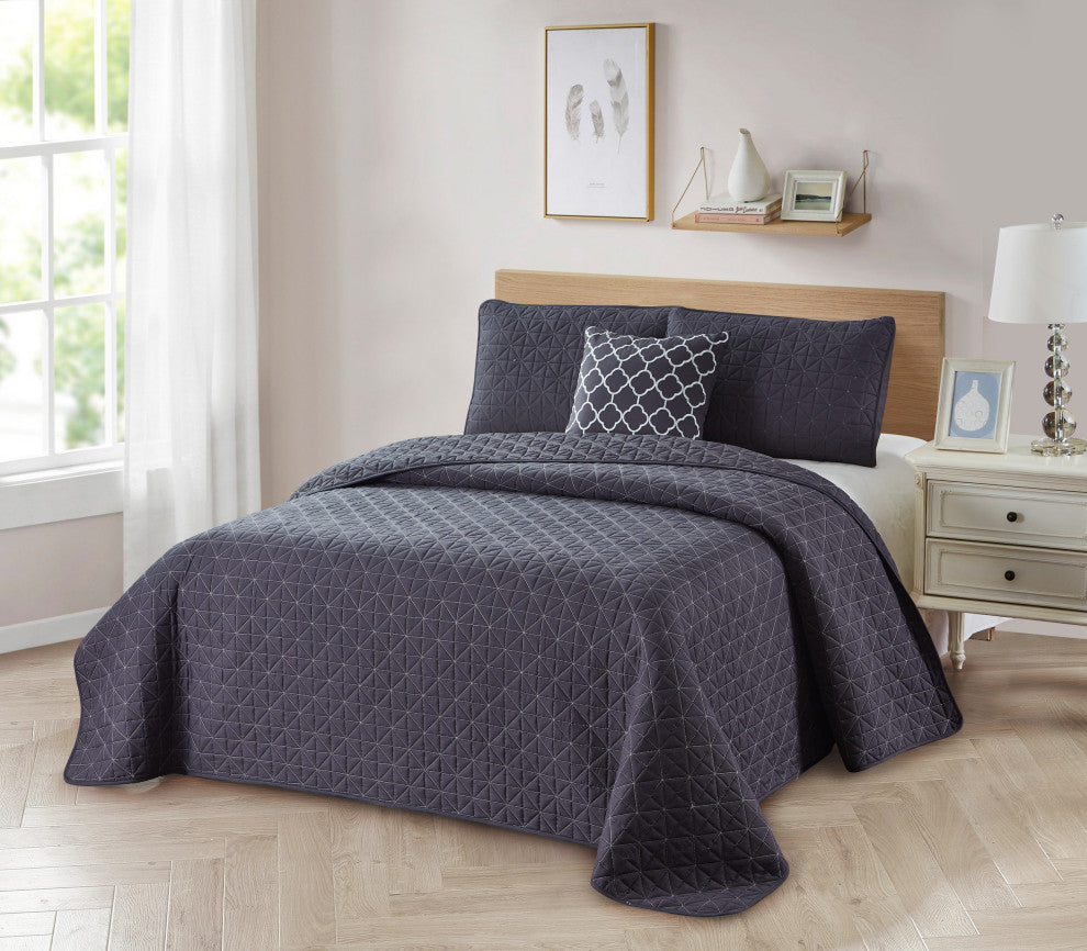 Bibb Home 4 Piece Solid Quilt Set, Gray, King