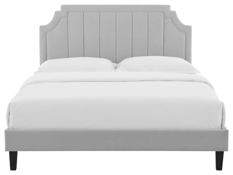 Platform Bed Frame, Full Size, Velvet, Light Grey Gray, Modern Contemporary