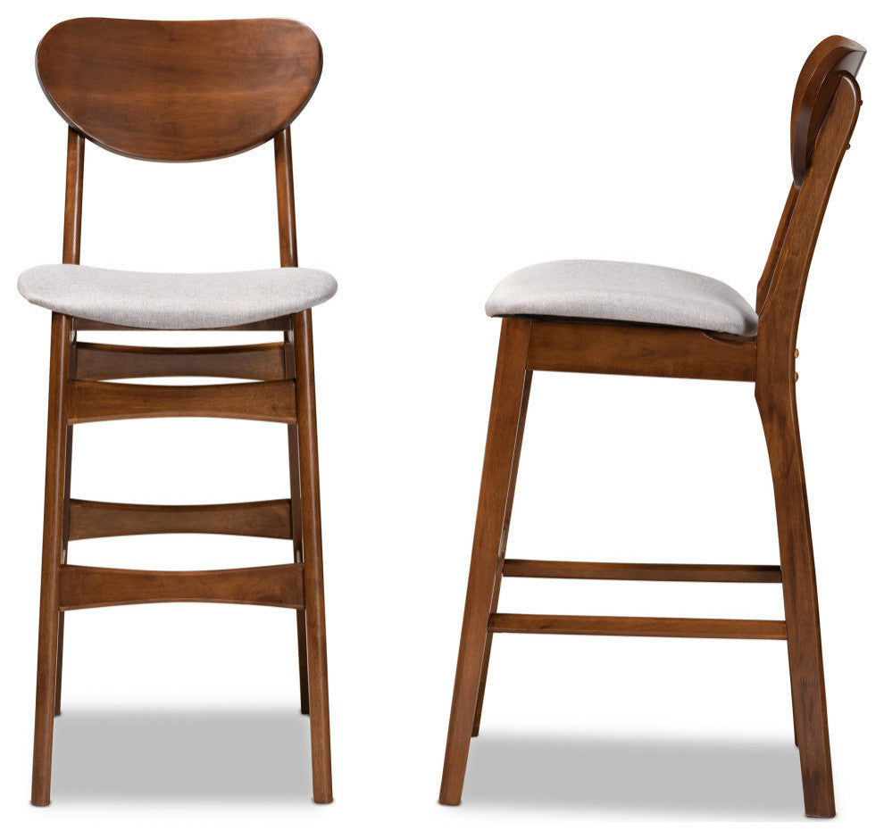 Kobell Midcentury Modern Walnut Effect 2-Piece Bar Stool Set, Gray Seat