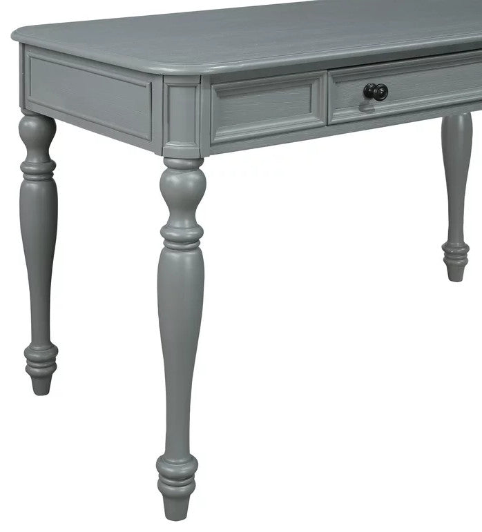 Traditional Desk, Turned Legs & Large Drawer With Framed Accent, Plantation Gray