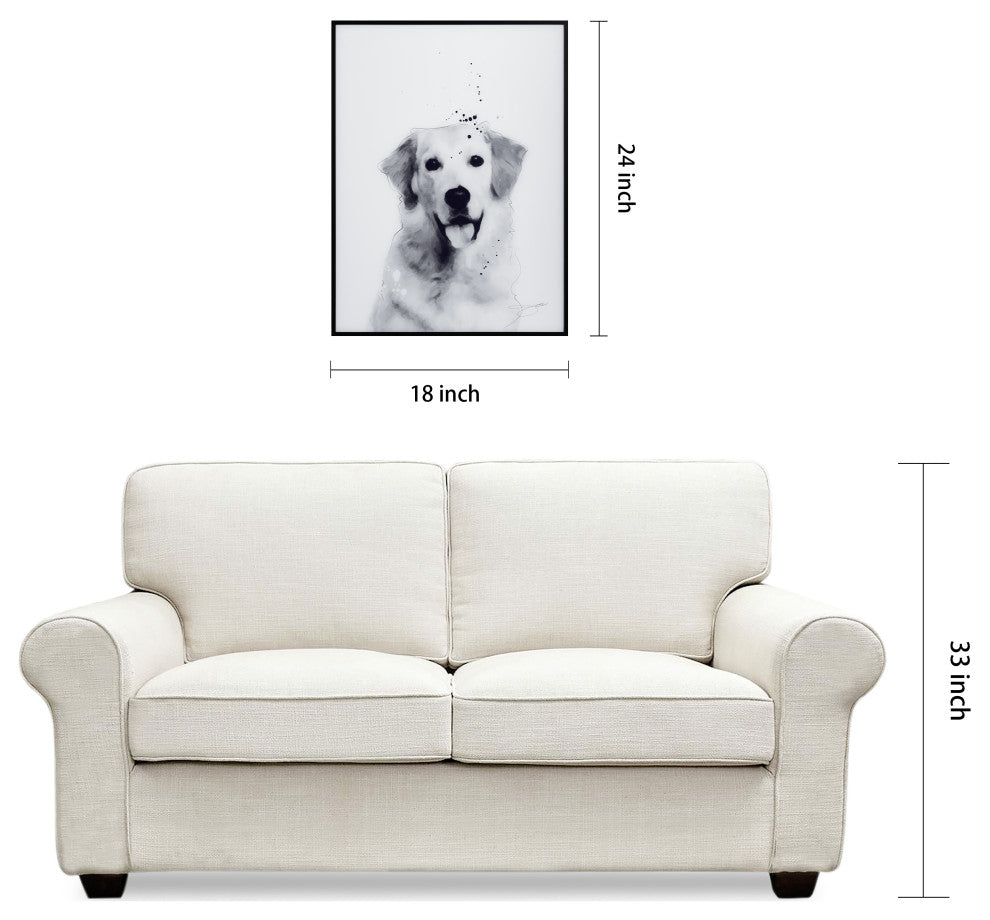 "Golden Retriever" Black and White Pet Art on Printed Glass with Anodized Frame
