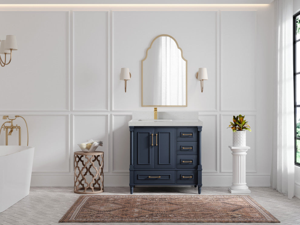 Aberdeen 36 Left Offset Bath Vanity in Hale Navy Blue  2" Carrara Quartz