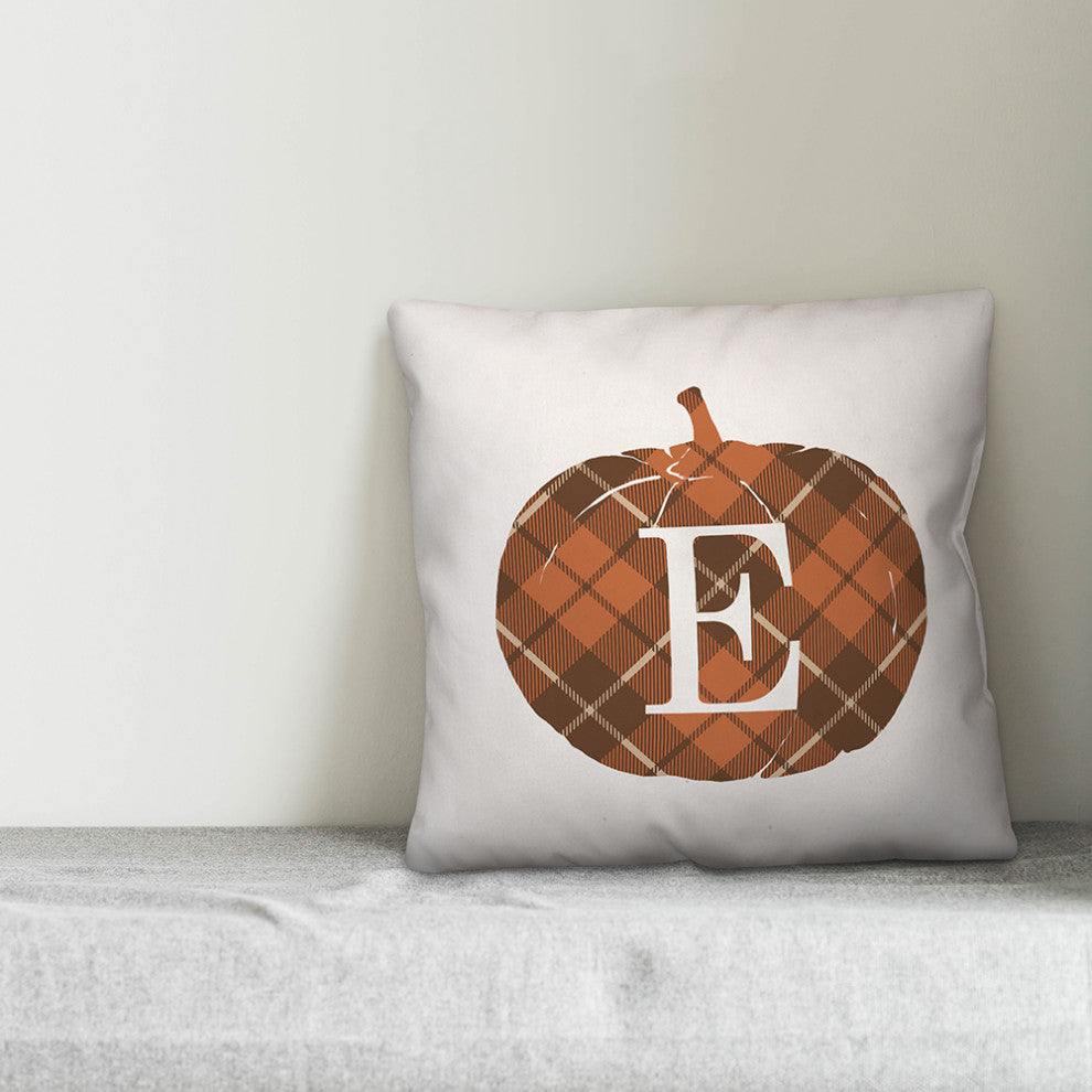 Plaid Pumpkin Monogram E 18x18 Spun Poly Pillow