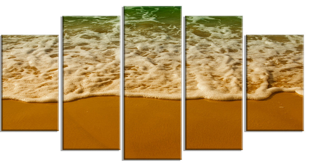"White Waves From Green Beach Waters" Seashore Wall Art, 5 Panels, 60"x32"