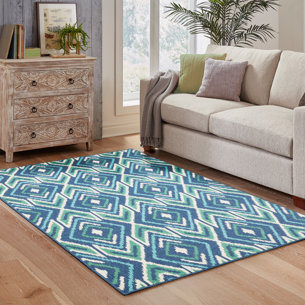Madelina Ikat Diamonds Navy and Green Indoor or Outdoor Area Rug, 8'6"x13'
