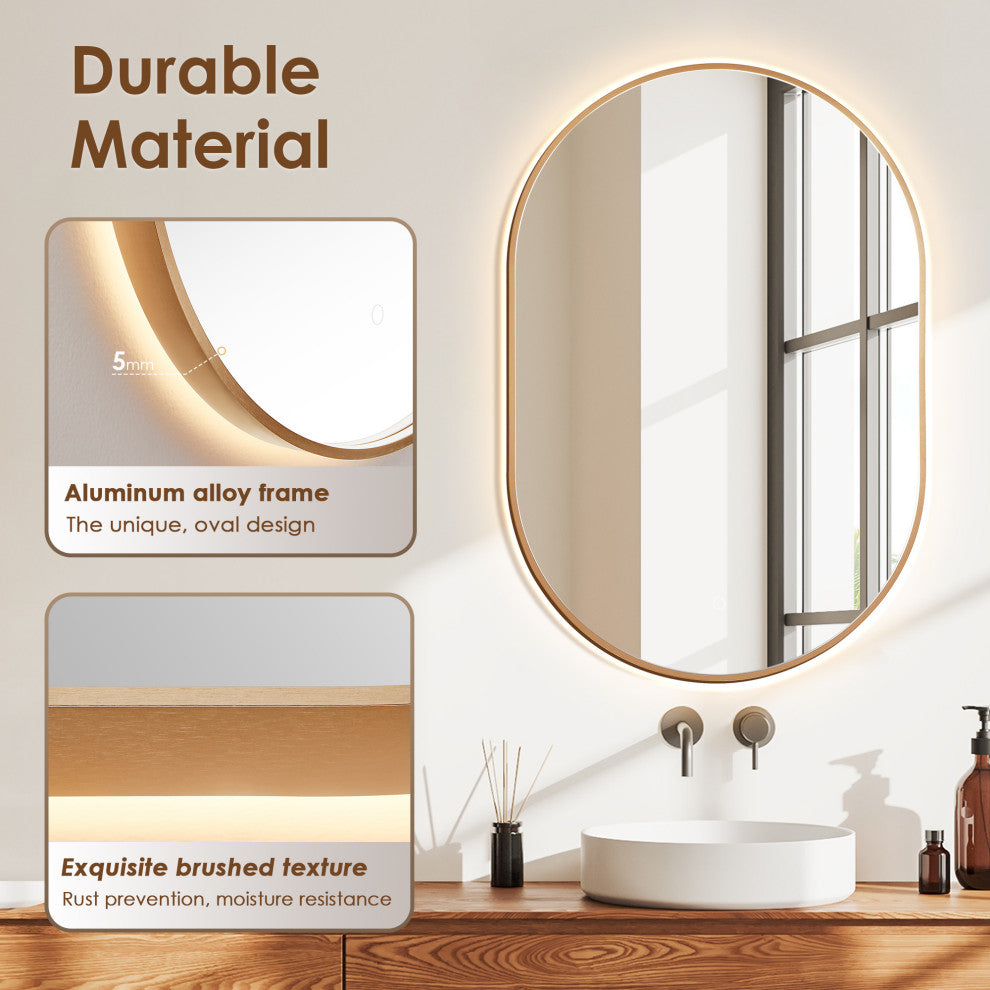 Mizani Oval Framed Bathroom/Vanity LED Lighted Wall Mirror, Brushed Copper, 24"