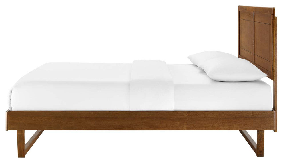Platform Bed Frame, King Size, Wood, Brown Walnut, Modern Mid-Century, Bedroom