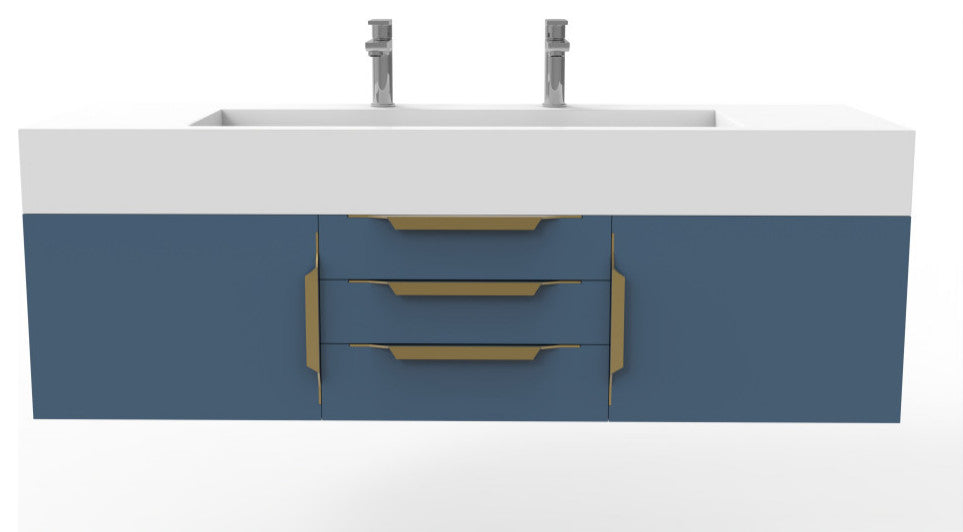 CastelloUSA Nile 60" Wall Mounted Vanity Set, Blue, White Top, Gold Handles