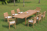 9-Piece Teak Dining Set: 122" X-Large Rectangle Table, 8 Lev Stacking Arm Chairs