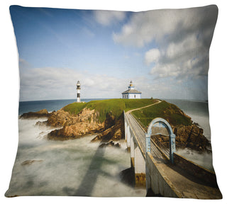 Cloudy Illa Pancha Lighthouse Seashore Photo Throw Pillow, 18"x18"
