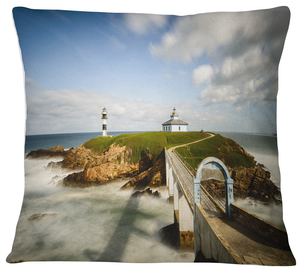 Cloudy Illa Pancha Lighthouse Seashore Photo Throw Pillow, 18"x18"
