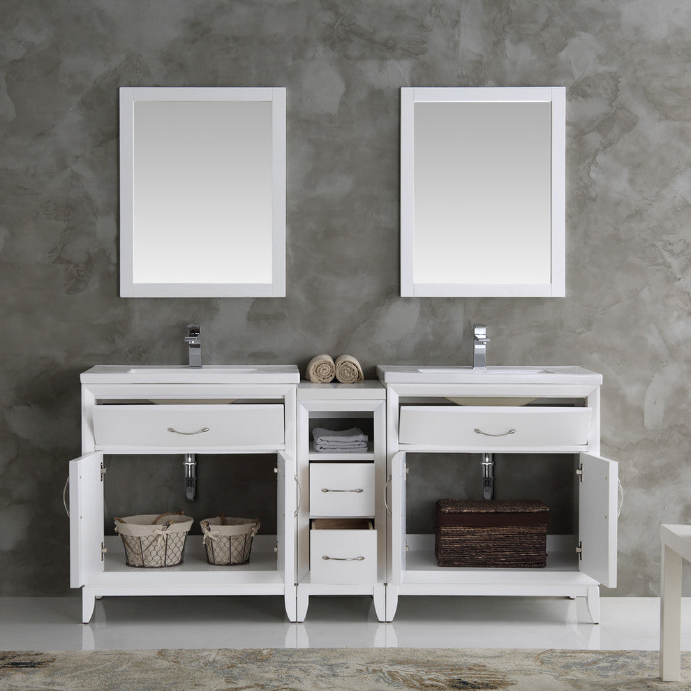 Cambridge 72" White Double Sink Traditional Vanity With Mirrors, FFT1030BN
