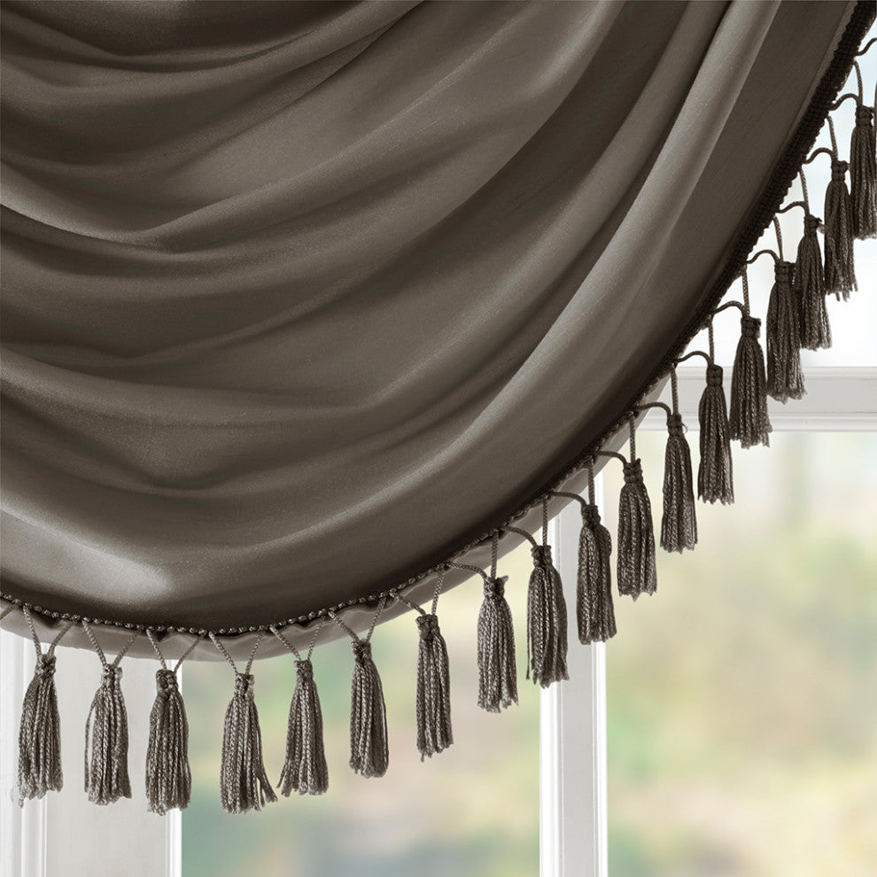 Madison Park Elena Silky Sheer Window Valance with Tassels, Bronze, Brown