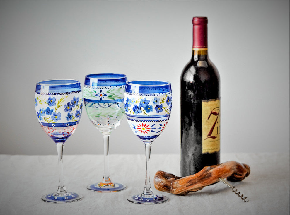 Blue Floral Wine Glasses, Set of 2