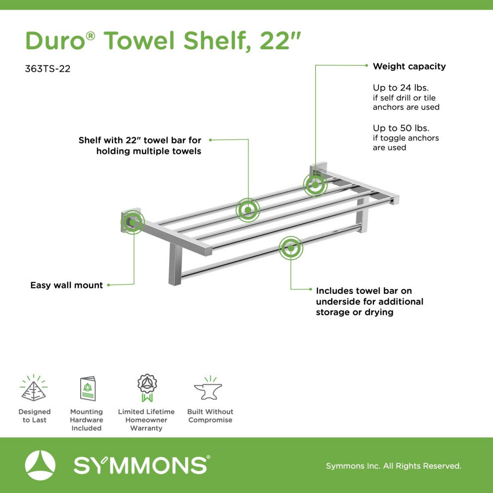Duro 22 inch Towel Shelf with Mounting Hardware, Chrome