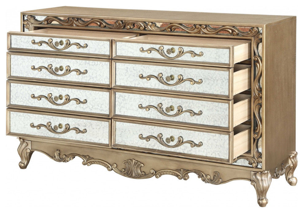 HomeRoots 19" X 68" X 40" Antique Gold Wood Mirror Dresser