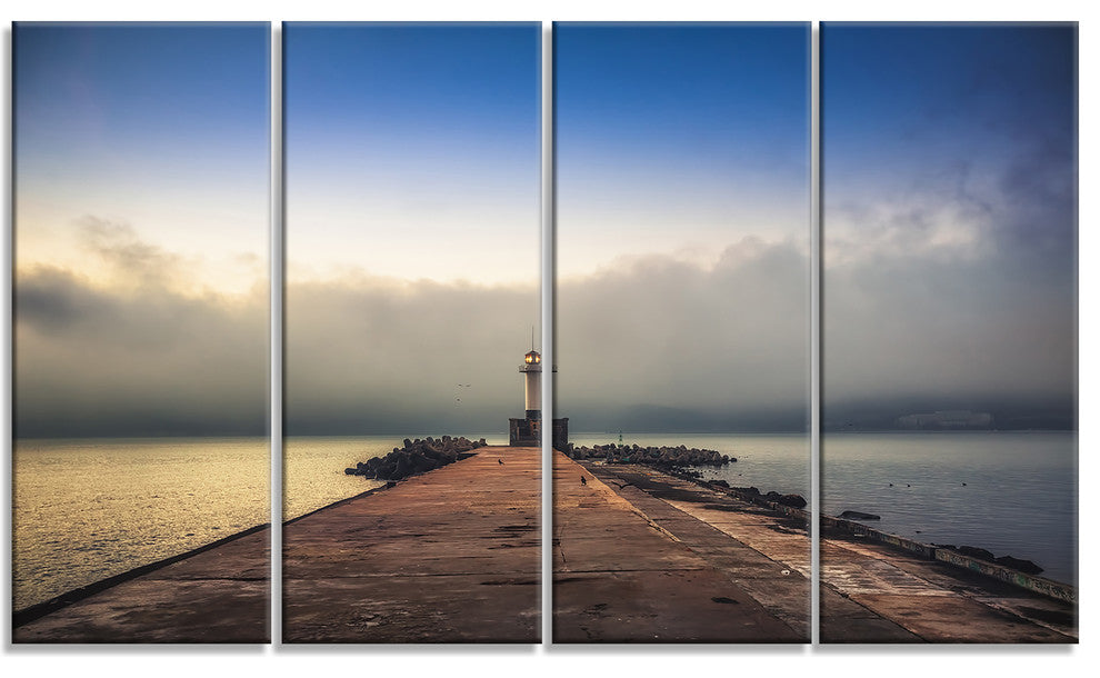 Lighthouse on Coast and Cloudy Sky, Modern Canvas Print, 48"x28", 4 Panels