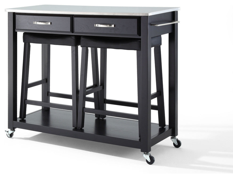 Stainless Steel Top Kitchen Cart, Island With 24" Upholstered Saddle Stools