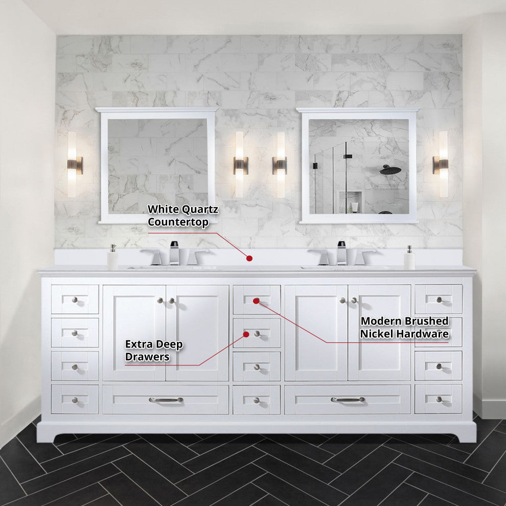 Dukes 84" White Double Square Sink Vanity with Quartz Top, With Faucet and Mirro
