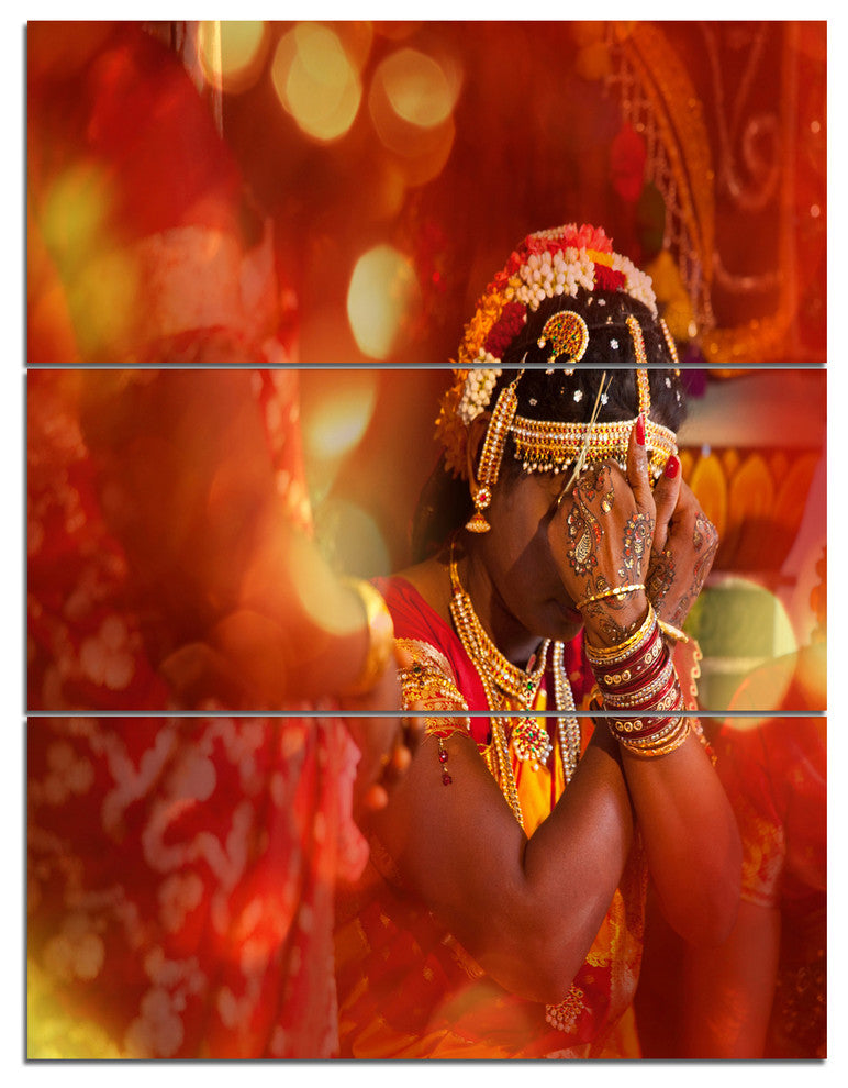 Bride in Typical Hindu Wedding, Modern Portrait Canvas Art, 28x36, 3 Panels