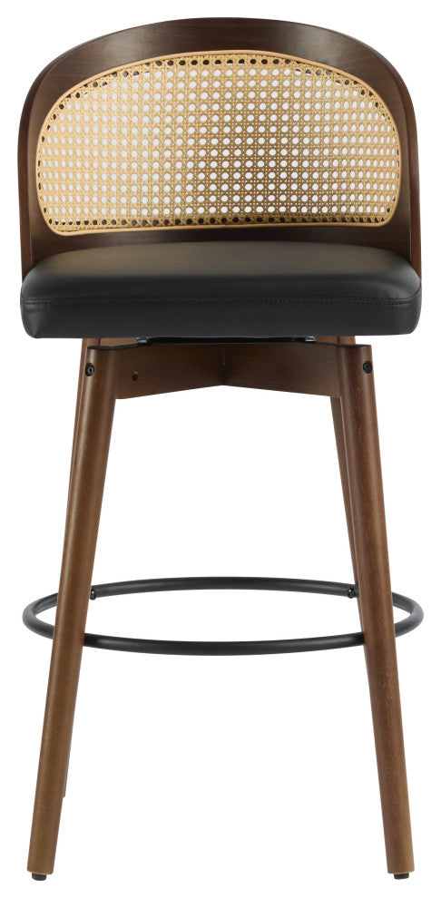 Crystal Rattan Backrest Cushioned Barstools, Set of 2, Dark Walnut/Black