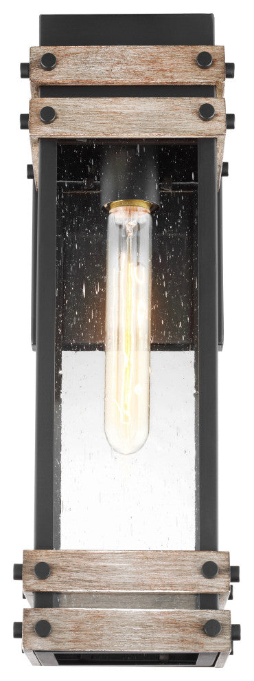 Homestead 1-Light Medium Wall Lantern, Matte Black/Wood/Clear Seed