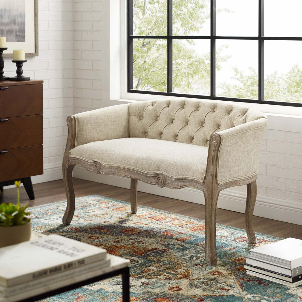 French Vintage Loveseat Sofa, Fabric, Wood, Beige, Modern, Lounge Hospitality