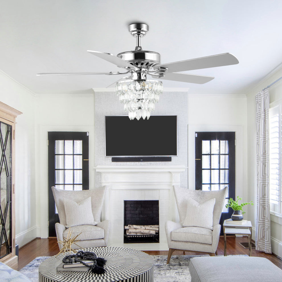 Mindy 52" 3-Light Glam Modern Crystal Shade LED Ceiling Fan With Remote, Chrome