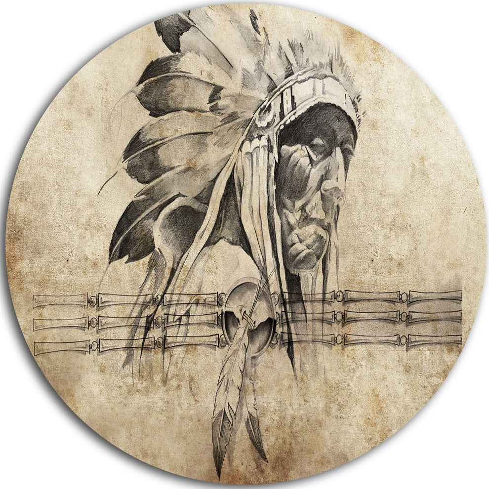 American Indian Warrior Tattoo Sketch, Digital Art Round Wall Art, 11"