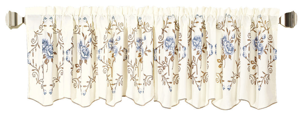 Rose Embroidery Window Curtain Valance, Gray Blue, 19" X 60"