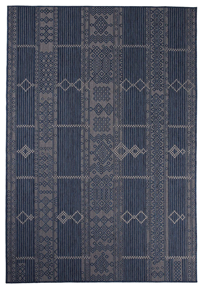 Outdoor Collection Geometric Pattern Bohemian Rug, Navy, 5'3"x7'6"