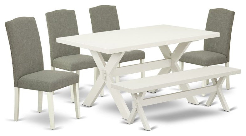 6-Piece Set, Dark Shitake Chairs, Bench and Table, Linen White