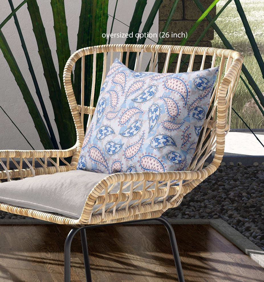 16" Blue Gray Boho Paisley Indoor Outdoor Throw Pillow
