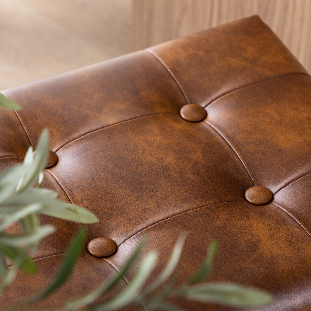 Button Tufted Open Frame Counter Stools, Yellowish Brown, 30 Inch