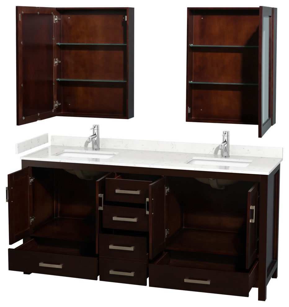 72"DBL Vanity Espresso, Carrara Cult. Marble Countertop, Sinks, Med. Cabinets