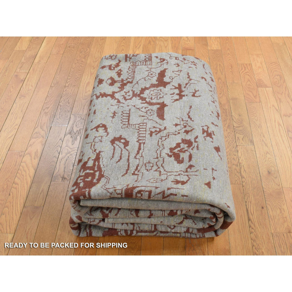 Beige Broken Heriz Design Wool and Silk Hand Knotted Oriental Rug 9'x11'9"