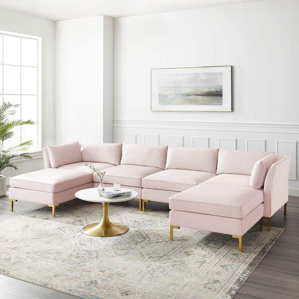 Sectional Sofa Set, Velvet, Pink, Modern, Living Lounge Hotel Lobby Hospitality