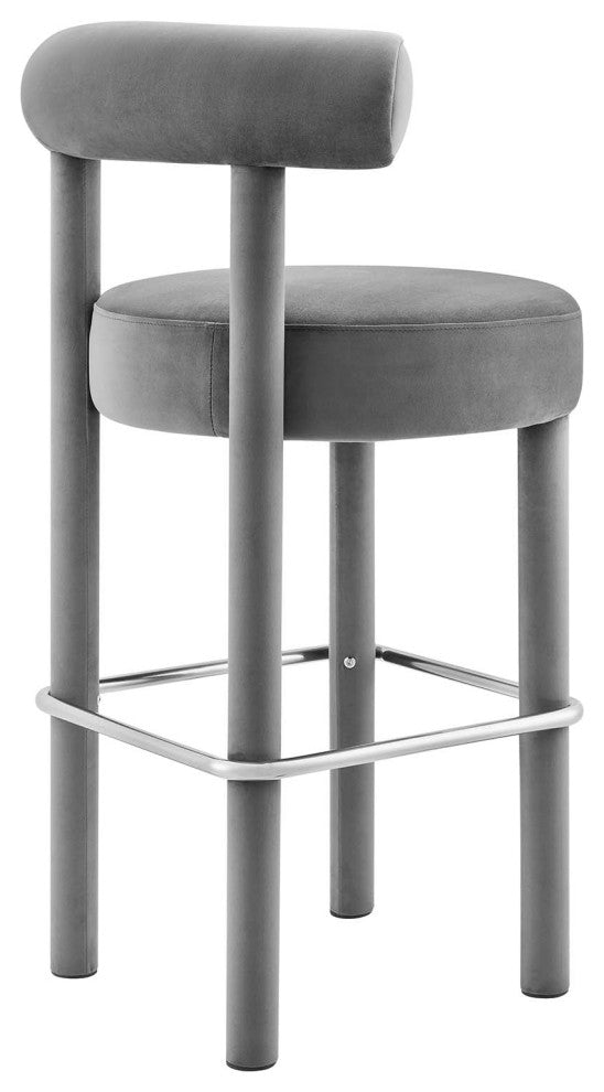 Toulouse Performance Velvet Bar Stool, Curved Round Bolster Kitchen Stool, Grey