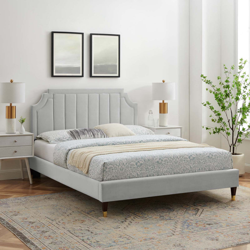 Platform Bed Frame, King Size, Velvet, Light Gray, Modern Contemporary