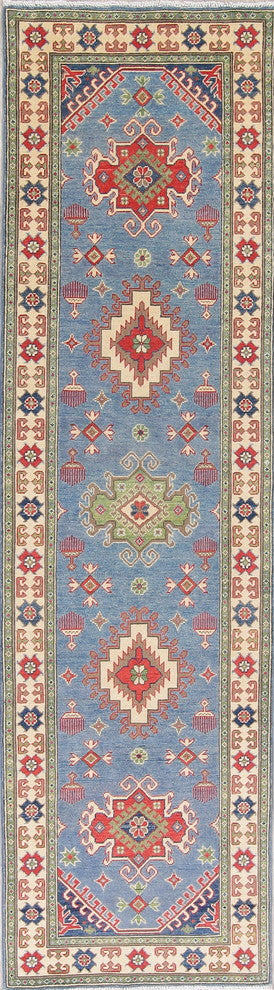 Kazak Oriental Hand Made Pakistani Traditional Wool Runner Rug, Blue, 9'9"X2'9"