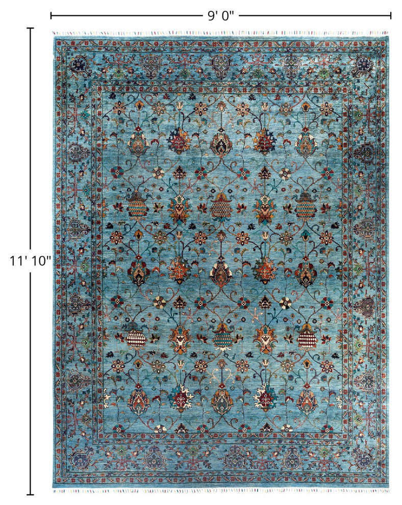 Tribal One-of-a-Kind Hand-Knotted Area Rug Light Blue, 9' 0" x 11' 10"