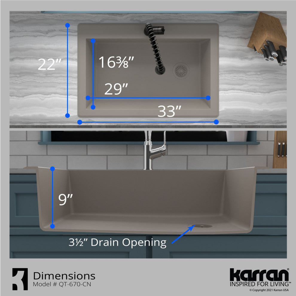 Karran Drop-In Quartz 33" 1-Hole Single Bowl Kitchen Sink, Concrete