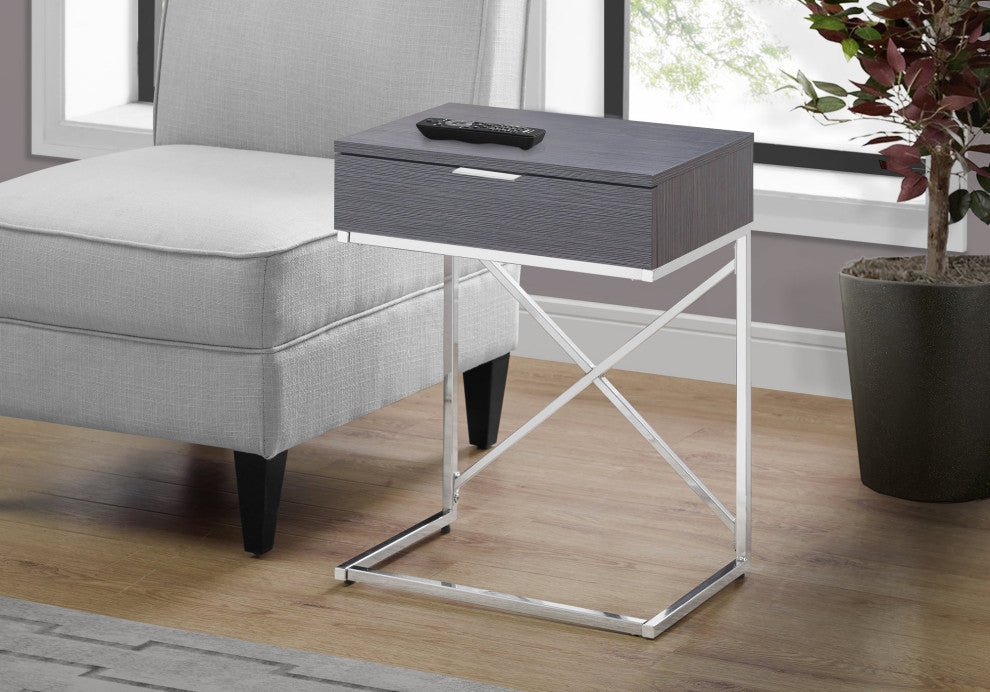Accent Table, Lamp, Storage Drawer, Metal, Laminate, Grey, Chrome