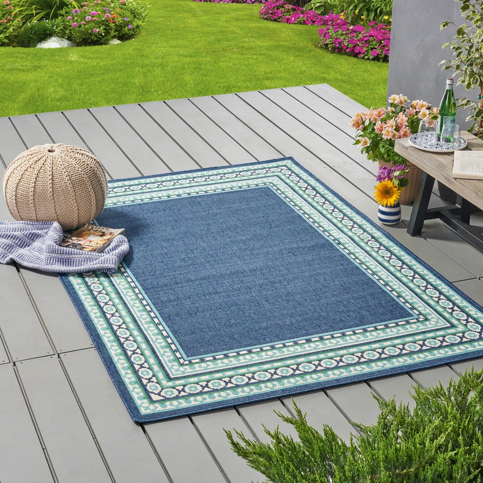 GDF Studio Darleen Outdoor Border  Area Rug, Navy and Green, 5'x8'