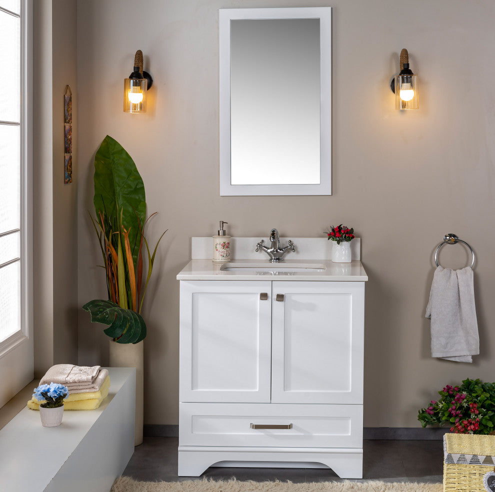 Livia Collection 30" Bath Vanity Quartz Top and Ceramic Sink, White, 30"
