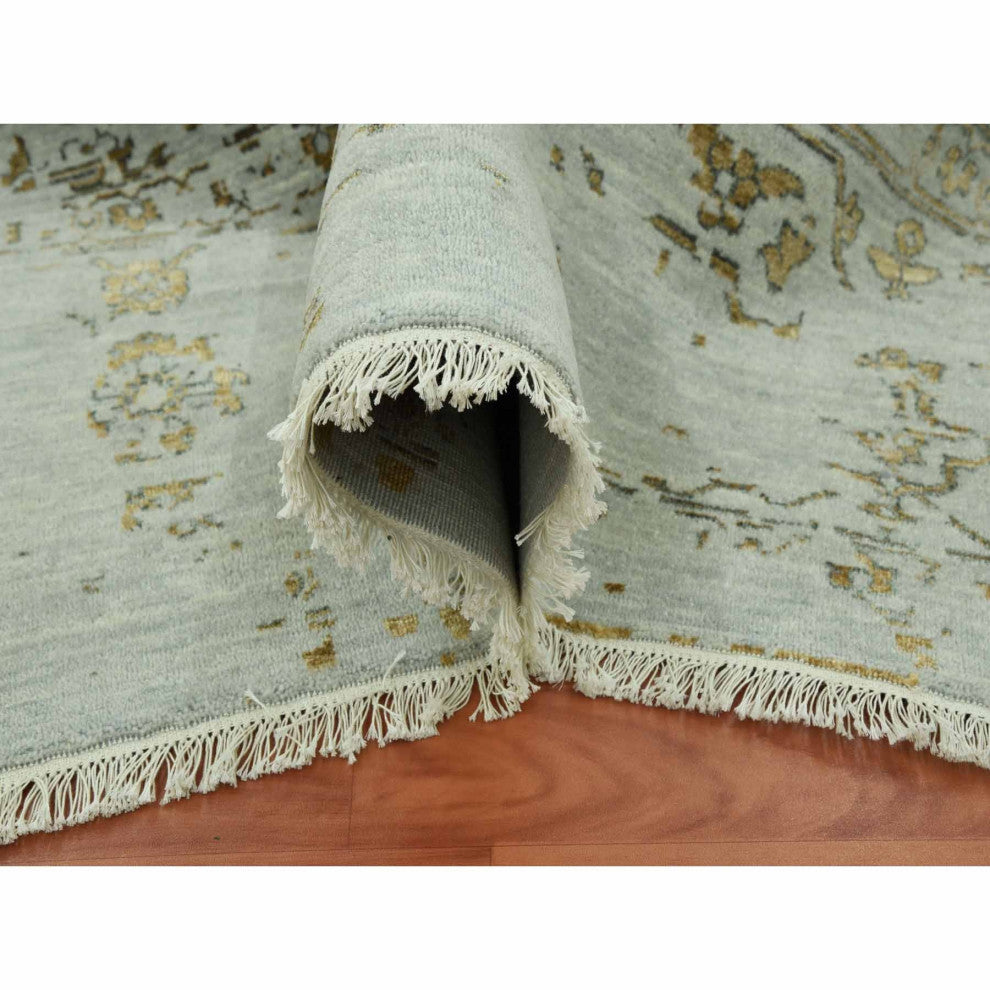 Gray Hand Knotted Broken Persian Erased Heriz Design Wool and Silk Rug, 10'x14'