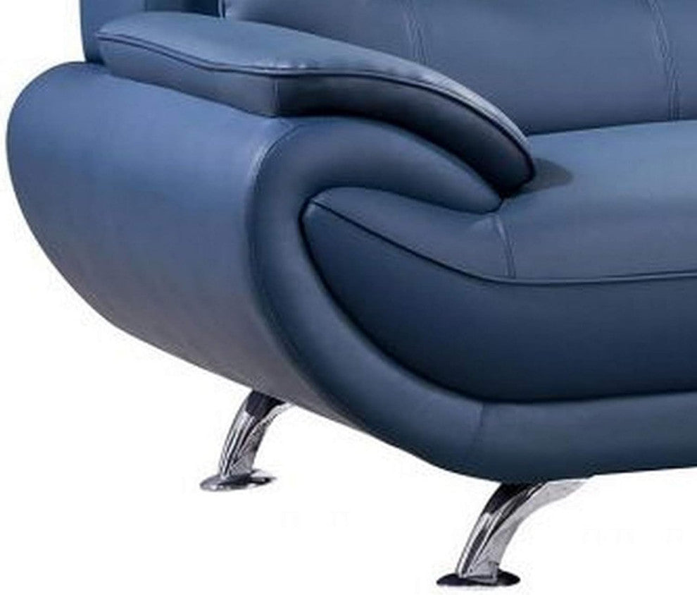 Benzara BM226686 Faux Leather Sofa With Curved Back and Pillow Top Armrest, Blue